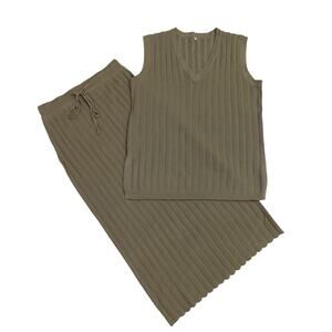 Fashion Womens 2 Piece Sweater Midi Skirt Vest Top Set Ribbed Knit Brown Size XS